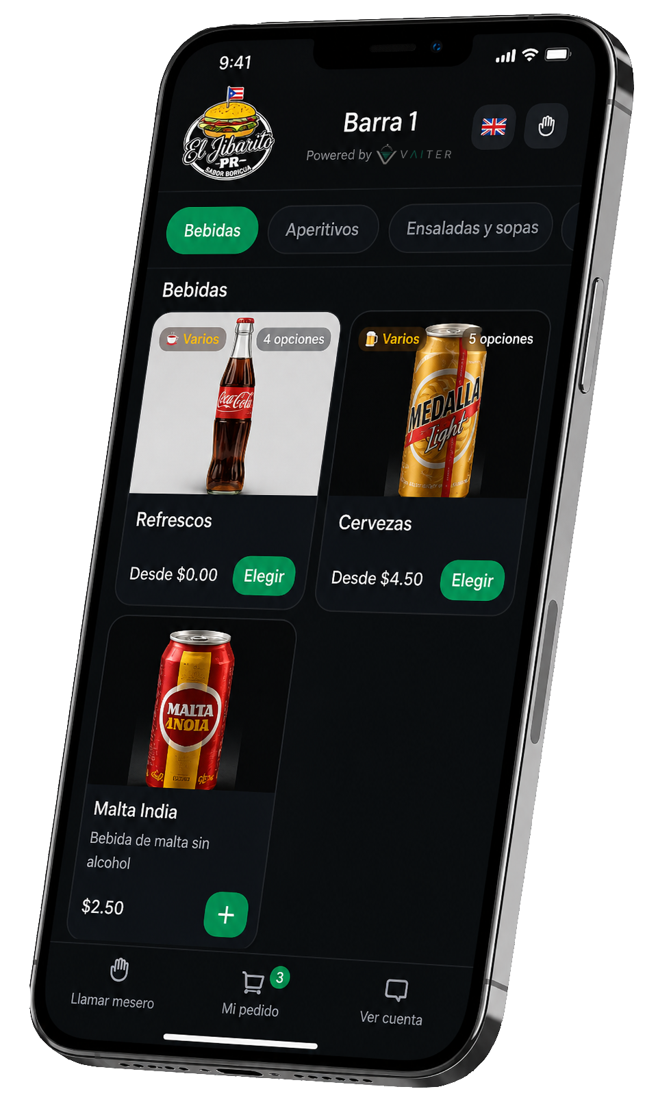Vaiter customer ordering app displayed on a 3D mobile phone